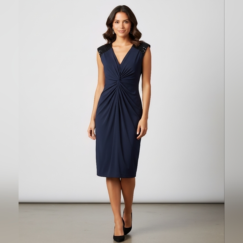 Harvey Who Navy Blue Dress L V-Neck Twist Knot Sequin Shoulder Sheath Fluid